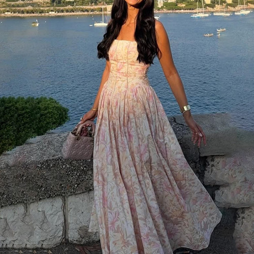 Sexy Printed Halter Top Dress Summer Figure-HuggingBackless Long Dress Exquisite Summer Stunning Dress