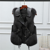 Plus Size Vest Fur Coats PU Leather Stitching lmitationFox Plush Fashion 8 Color SleevelessJackets Lapel Coat S-3XL