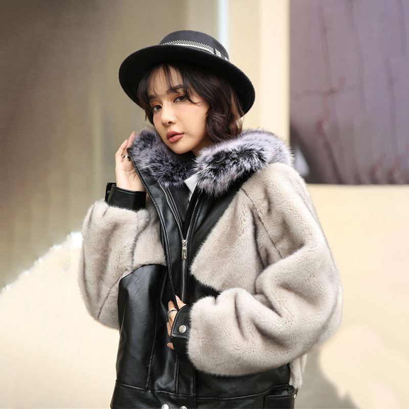 Lady Coat Winter Faux Fox Fur Splicing LeatherContrasting Colors Fur Collar Jackets Outdoor Leisure Fashion Long Sleeve Coats