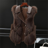 Plus Size Vest Fur Coats PU Leather Stitching lmitationFox Plush Fashion 8 Color SleevelessJackets Lapel Coat S-3XL