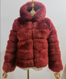 Fall/Winter fashion faux-fur coat multi-color patchwork hooded warm fur coat