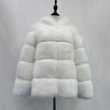 Fall/Winter fashion faux-fur coat multi-color patchwork hooded warm fur coat