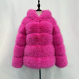 Fall/Winter fashion faux-fur coat multi-color patchwork hooded warm fur coat