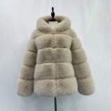 Fall/Winter fashion faux-fur coat multi-color patchwork hooded warm fur coat