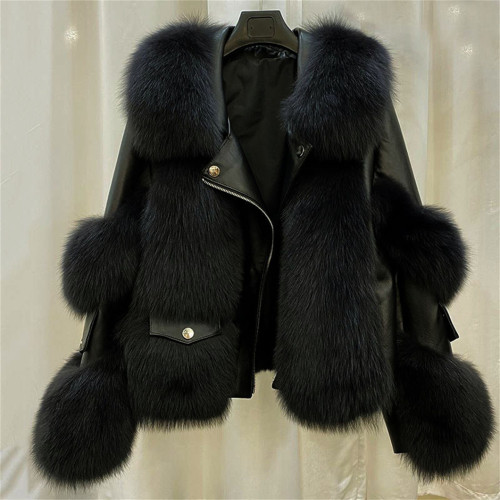 Winter Faux Fox Fur Splicing Leather Outdoor LeisureFashion Street Fur Collar Coats WomenLong Sleeve Coat 4 Colour Jacket S-3XL