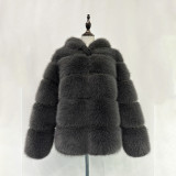 Fall/Winter fashion faux-fur coat multi-color patchwork hooded warm fur coat