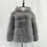 Fall/Winter fashion faux-fur coat multi-color patchwork hooded warm fur coat
