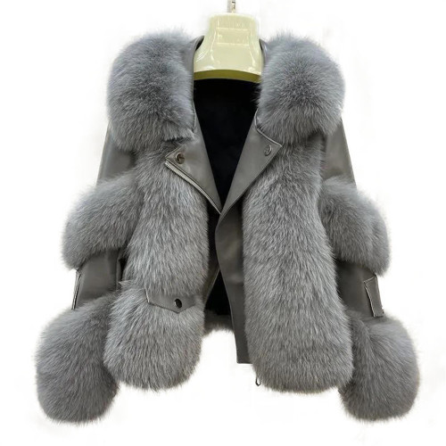 Winter Faux Fox Fur Splicing Leather Outdoor LeisureFashion Street Fur Collar Coats WomenLong Sleeve Coat 4 Colour Jacket S-3XL