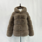 Fall/Winter fashion faux-fur coat multi-color patchwork hooded warm fur coat