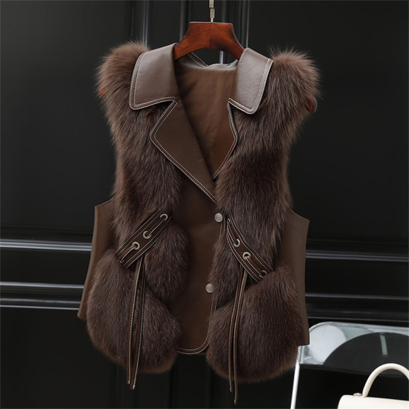 Plus Size Vest Fur Coats PU Leather Stitching lmitationFox Plush Fashion 8 Color SleevelessJackets Lapel Coat S-3XL