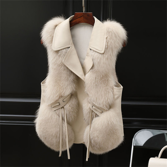 Plus Size Vest Fur Coats PU Leather Stitching lmitationFox Plush Fashion 8 Color SleevelessJackets Lapel Coat S-3XL