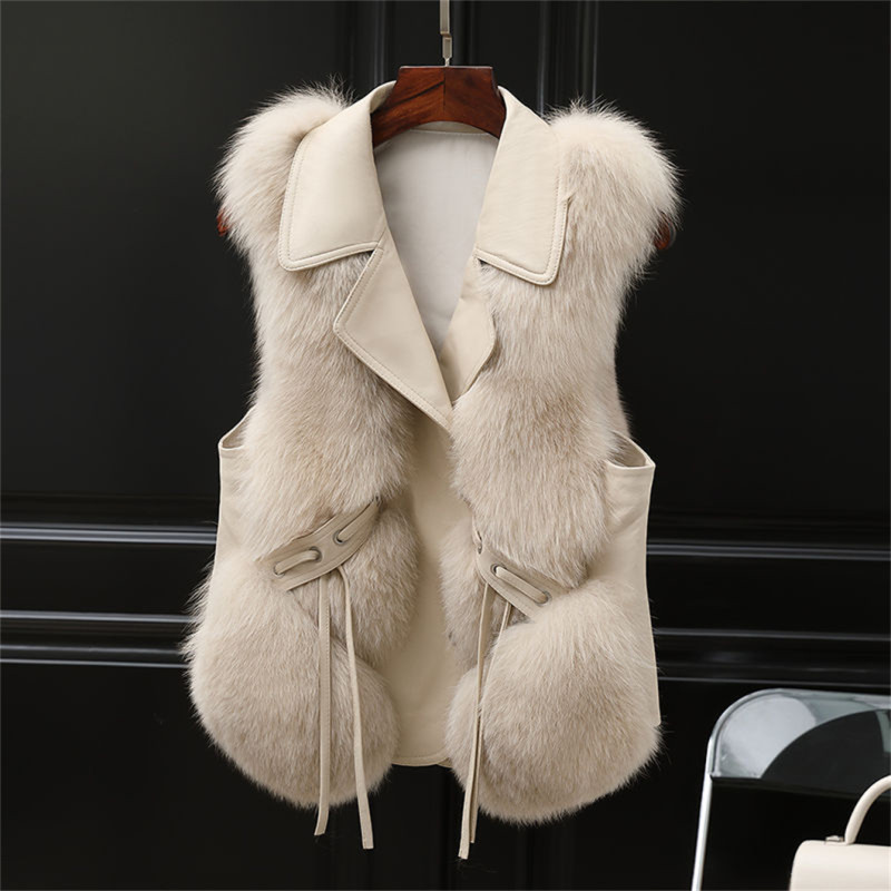 Plus Size Vest Fur Coats PU Leather Stitching lmitationFox Plush Fashion 8 Color SleevelessJackets Lapel Coat S-3XL