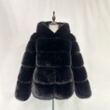 Fall/Winter fashion faux-fur coat multi-color patchwork hooded warm fur coat