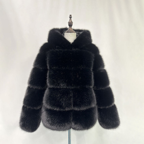 Fall/Winter fashion faux-fur coat multi-color patchwork hooded warm fur coat