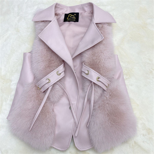 Plus Size Vest Fur Coats PU Leather Stitching lmitationFox Plush Fashion 8 Color SleevelessJackets Lapel Coat S-3XL