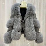 Winter Faux Fox Fur Splicing Leather Outdoor LeisureFashion Street Fur Collar Coats WomenLong Sleeve Coat 4 Colour Jacket S-3XL