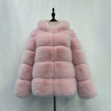 Fall/Winter fashion faux-fur coat multi-color patchwork hooded warm fur coat