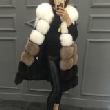 Multi-color long-sleeved patchwork faux-fur coat women's casual fashionable warm outdoor coat