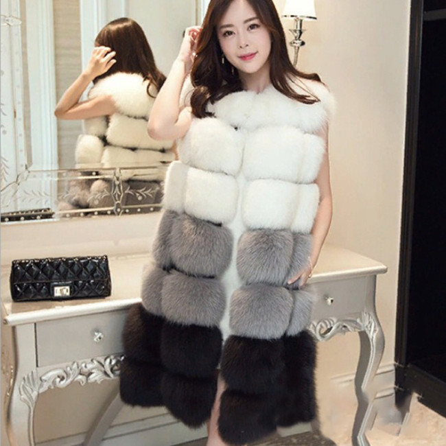Multi-color long-sleeved patchwork faux-fur coat women's casual fashionable warm outdoor coat