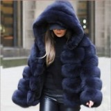 Fall/Winter fashion faux-fur coat multi-color patchwork hooded warm fur coat
