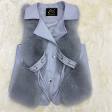 Plus Size Vest Fur Coats PU Leather Stitching lmitationFox Plush Fashion 8 Color SleevelessJackets Lapel Coat S-3XL