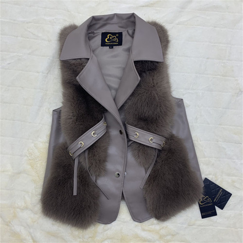 Plus Size Vest Fur Coats PU Leather Stitching lmitationFox Plush Fashion 8 Color SleevelessJackets Lapel Coat S-3XL