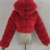 Lady's hooded fashionable multi-color warm fur coat faux fox fur short oversized winter coat