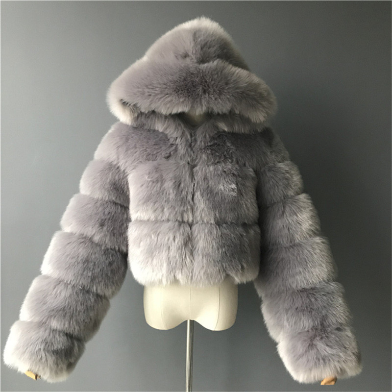 Lady's hooded fashionable multi-color warm fur coat faux fox fur short oversized winter coat