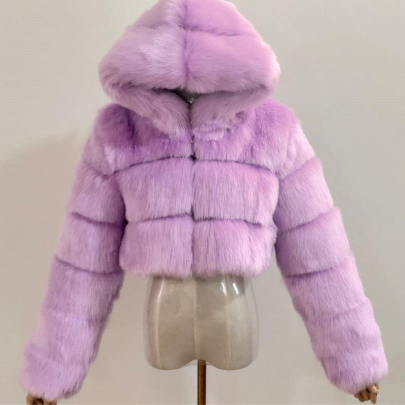 Lady's hooded fashionable multi-color warm fur coat faux fox fur short oversized winter coat