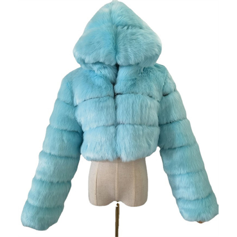 Lady's hooded fashionable multi-color warm fur coat faux fox fur short oversized winter coat