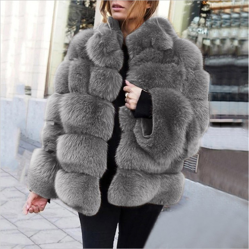 Fashion Autumn Winter Women lmitation Fur StandCollar Coats Faux Fur Jackets Coat Solid MulticolorPlus Size Warm Long Sleeves Jacket