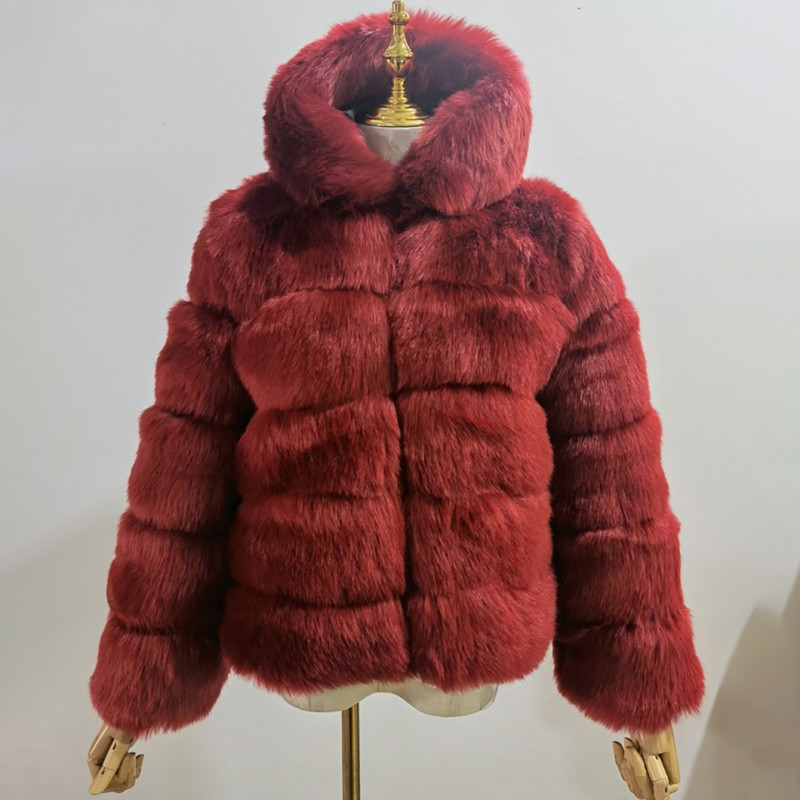 Fall/Winter fashion faux-fur coat multi-color patchwork hooded warm fur coat
