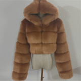 Lady's hooded fashionable multi-color warm fur coat faux fox fur short oversized winter coat