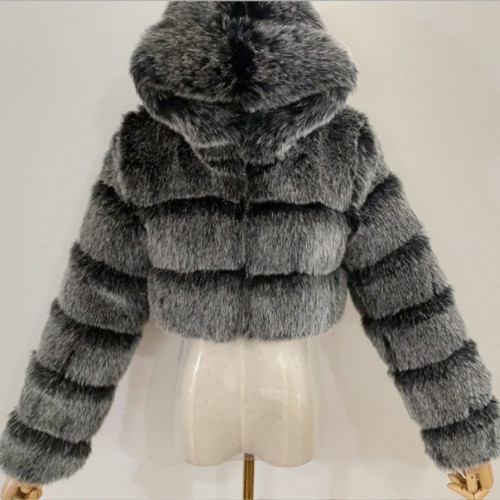 Lady's hooded fashionable multi-color warm fur coat faux fox fur short oversized winter coat