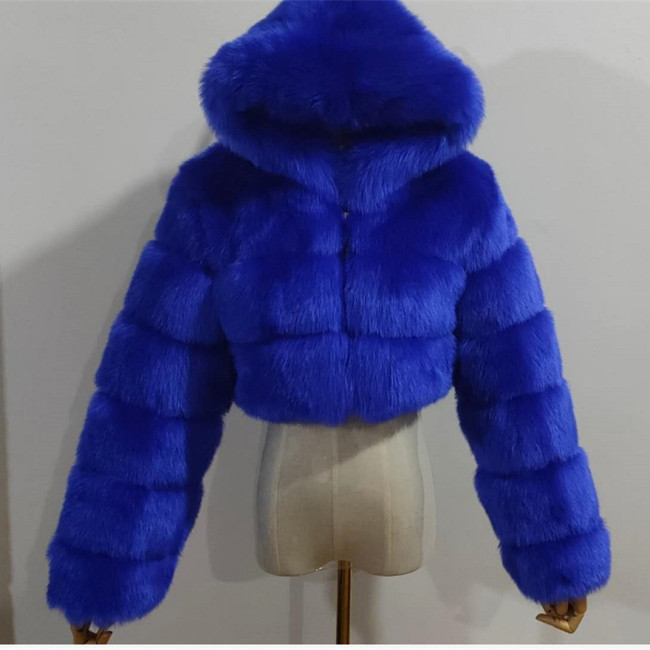Lady's hooded fashionable multi-color warm fur coat faux fox fur short oversized winter coat