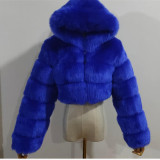 Lady's hooded fashionable multi-color warm fur coat faux fox fur short oversized winter coat