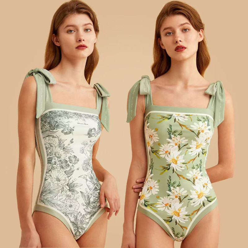 Double-Sided Printed One-Piece Swimsuit Retro StyleLight and Fresh Racerback Strap One-Piece Swimsuit