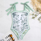 Double-Sided Printed One-Piece Swimsuit Retro StyleLight and Fresh Racerback Strap One-Piece Swimsuit