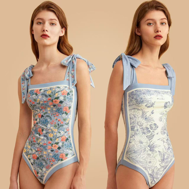 Double-Sided Printed One-Piece Swimsuit Retro StyleLight and Fresh Racerback Strap One-Piece Swimsuit