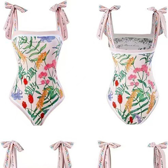 Double-Sided Printed One-Piece Swimsuit Retro StyleLight and Fresh Racerback Strap One-Piece Swimsuit