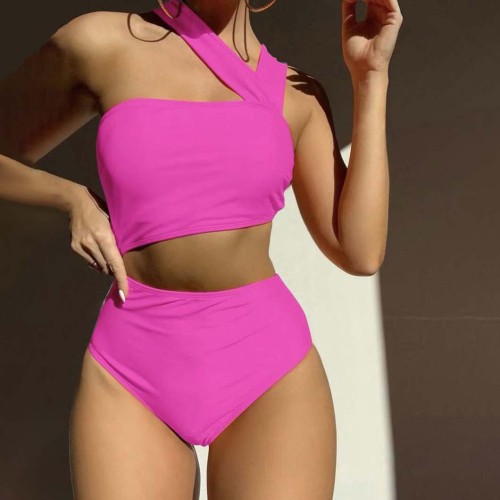Single-Shoulder Strapless One-Piece Bikini SwimsuitAvailable in Multiple Colors. Pure Color BikiniSwimsuit.
