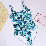 Multi-Color Halter-Neck Square-Neck Swimsuit SexySolid-Color Pleated Layered One-Piece Swimsuit