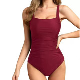 Multi-Color Halter-Neck Square-Neck Swimsuit SexySolid-Color Pleated Layered One-Piece Swimsuit