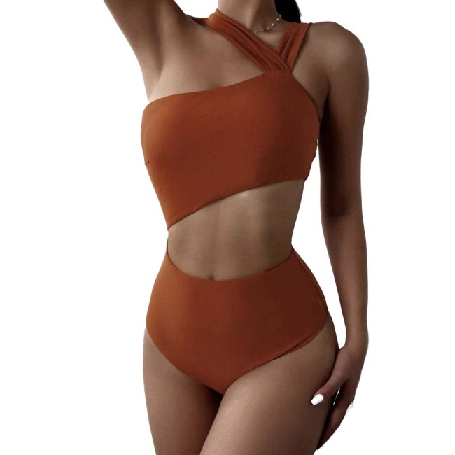 Single-Shoulder Strapless One-Piece Bikini SwimsuitAvailable in Multiple Colors. Pure Color BikiniSwimsuit.