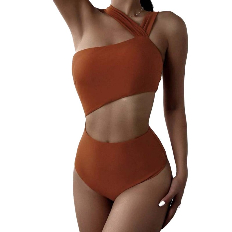 Single-Shoulder Strapless One-Piece Bikini SwimsuitAvailable in Multiple Colors. Pure Color BikiniSwimsuit.