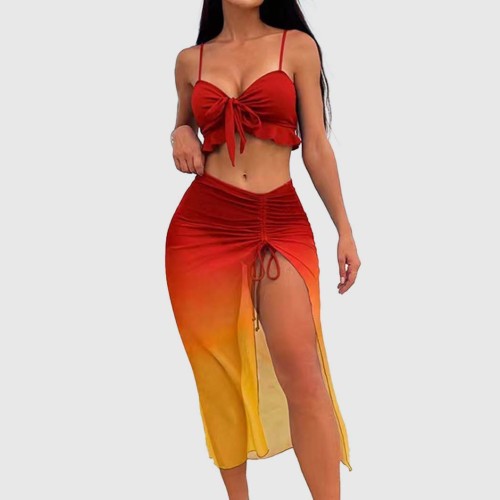 Separate Three-Piece Conservative Bikini Set Gradient.Colored Skirt-Style Mesh Sexy Bandeau Swimsuit