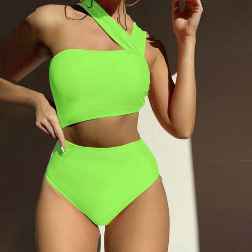Single-Shoulder Strapless One-Piece Bikini SwimsuitAvailable in Multiple Colors. Pure Color BikiniSwimsuit.