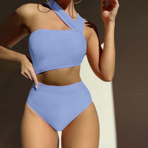 Single-Shoulder Strapless One-Piece Bikini SwimsuitAvailable in Multiple Colors. Pure Color BikiniSwimsuit.