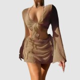 Bikini Lady Mesh Design Two-Piece Swimsuit SummerBeach Seaside Trumpet Sleeve Four-Piece SetSwimsuit