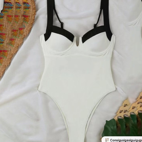 Black and White Striped Sexy Gathered Tight-FittingSwimsuit Pure Color Backless Halter Top High-EndSwimsuit